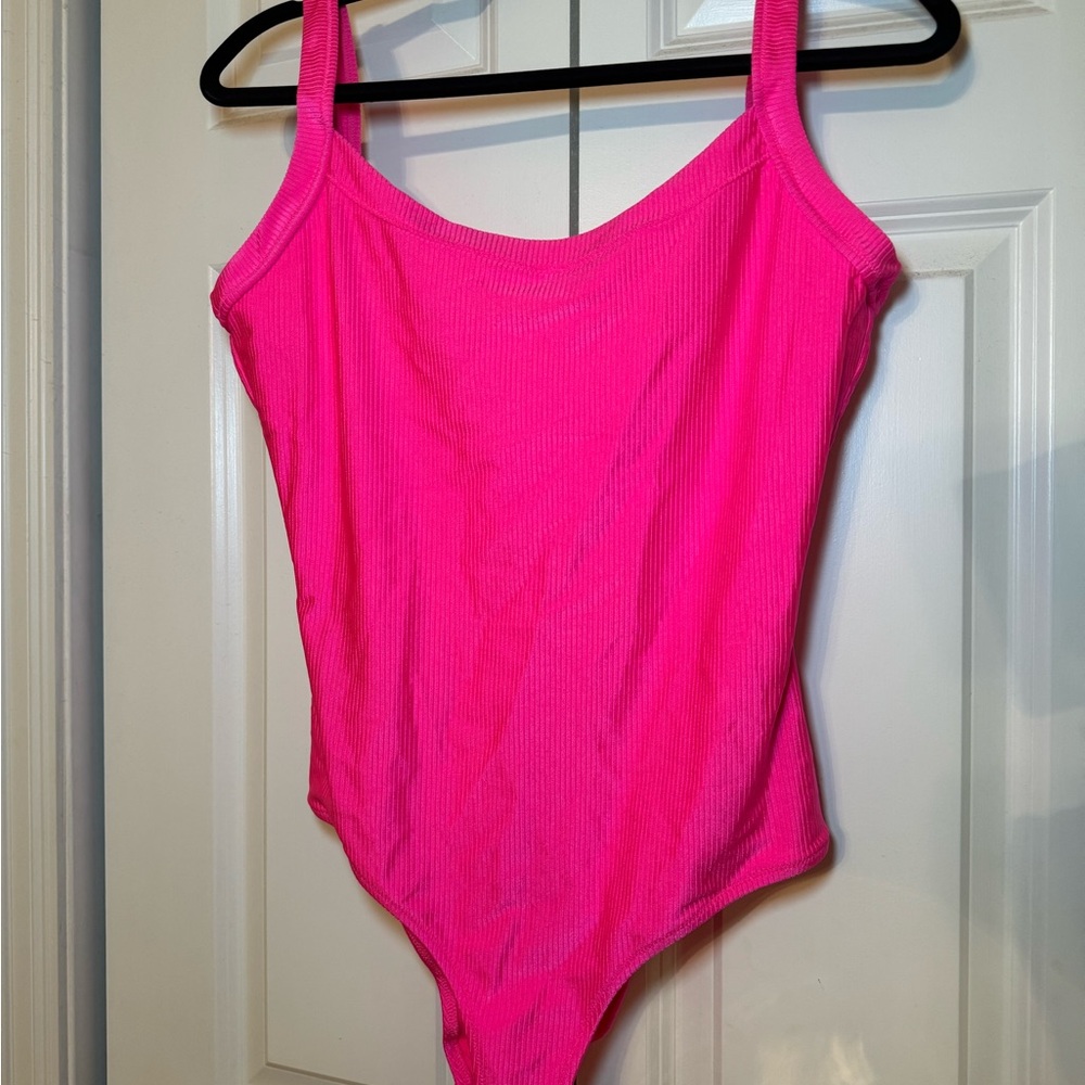 Aerie ribbed shine scoop one piece cheeky hot pink swimsuit
